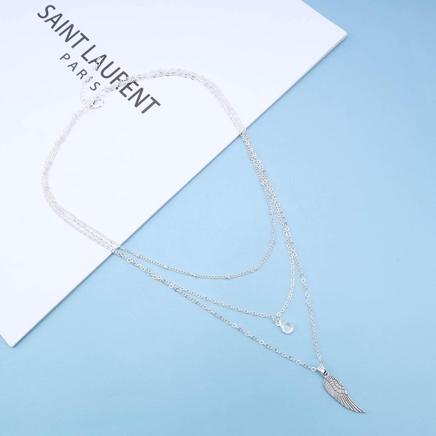 Bohemia Layered Crystal Choker Necklace Angel Wing Pendant Necklace Round Crystal Cz Necklace Chain Silver Guardian Angel Necklace Chain Jewelry for Women