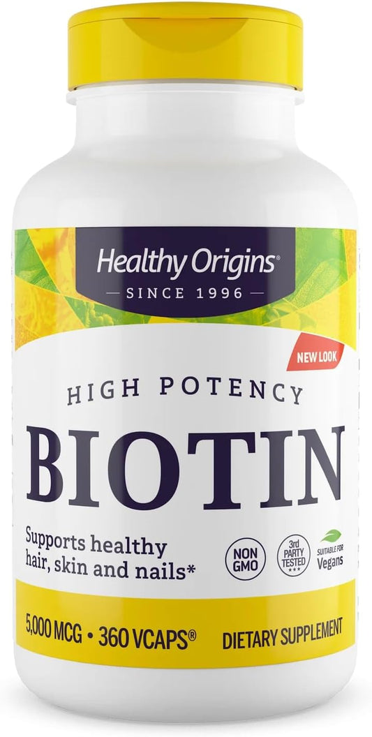 Healthy Origins Biotin 5,000 mcg (USP Grade, Non-GMO, Gluten Free, Hair Support, Nail Support), 360 Veggie Caps