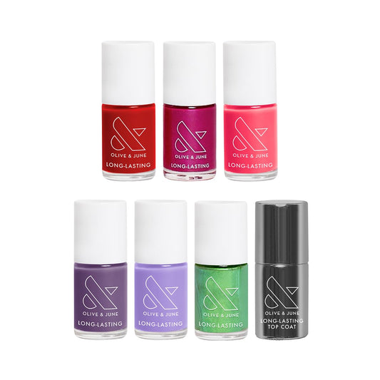 Olive & June Bolds Long Lasting Nail Polish Set | Includes 6 Shades (Bold & Unshaken, Art Class, Because I'm Green, Lily Blooms, CV, Hot Strawberry) + Top Coat | Vegan, Cruelty-Free | Salon-Quality | alldaygood beauty