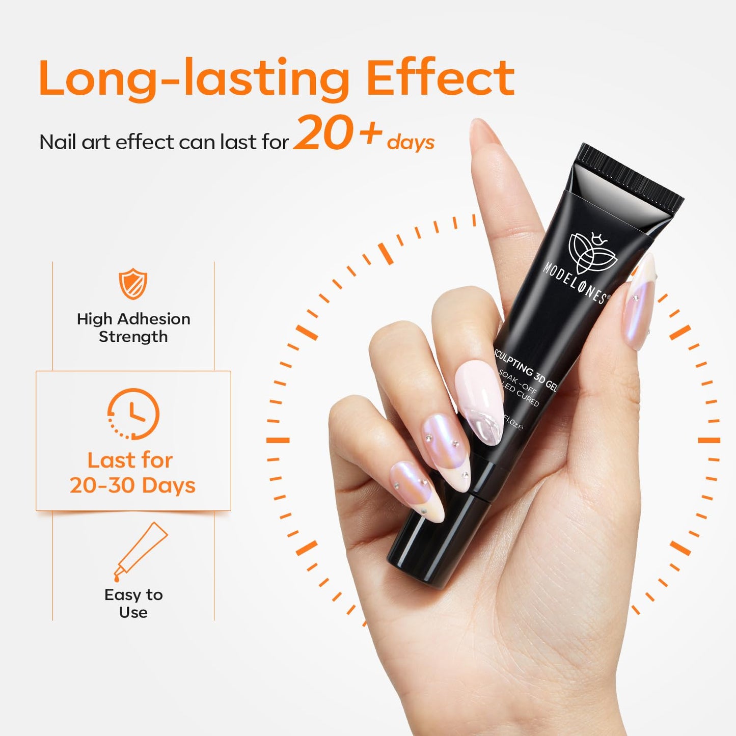 Modelones 3D Gel Nail Art, Sculpting Gel Glue for Molding, Drawing, Charms & Gems Glue, Nail Stuff for Chrome Powder and Rhinestone Design No Wipe, U V Light Cured Salon & DIY Use