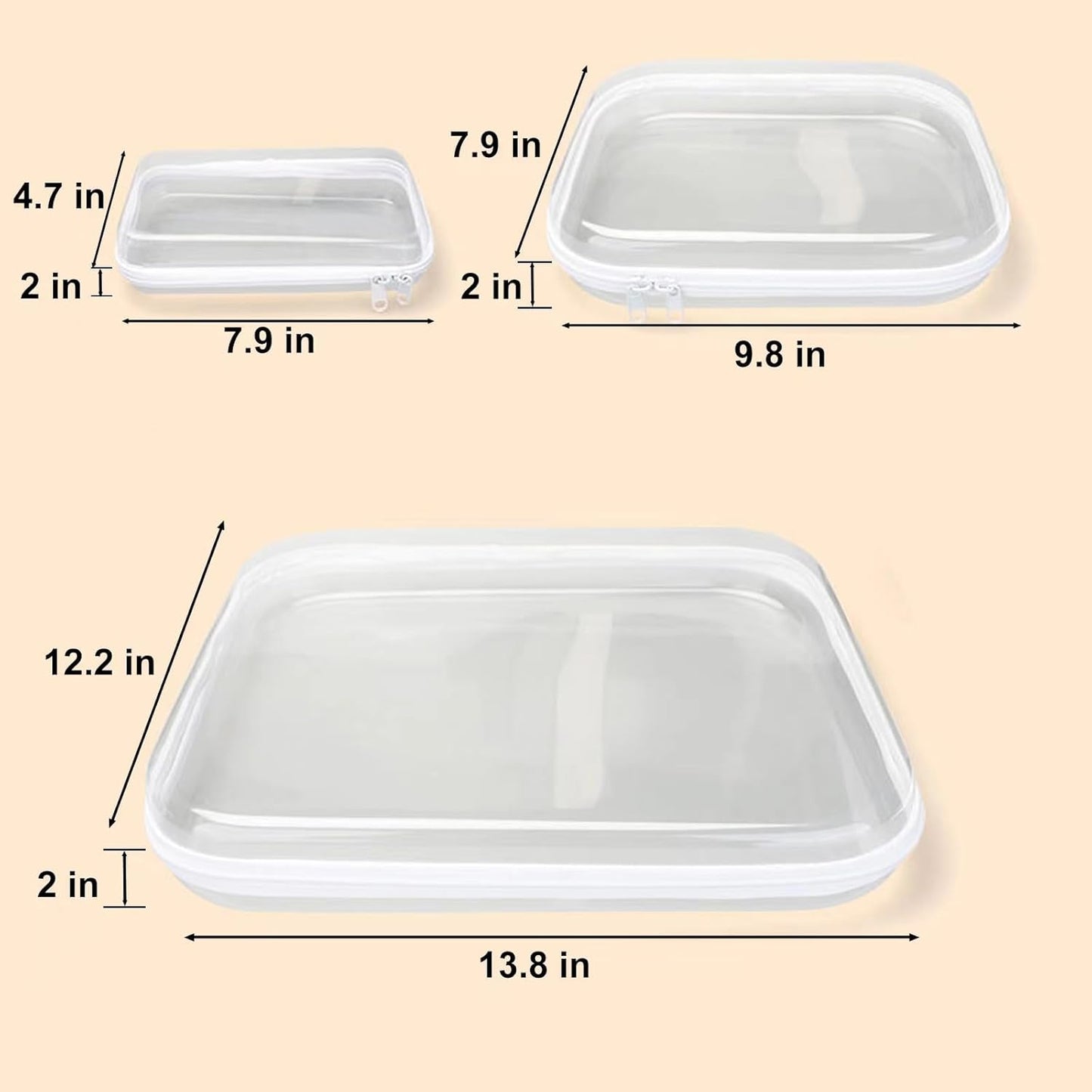 3PCS Clear Hard Shell Zipper Cases, Portable Clear Organizer Pouches for Home Storage, Double Zippered Plastic Travel Case, Cosmetic Bag for Make Up Tools, Toiletries, Toy Storage(White)