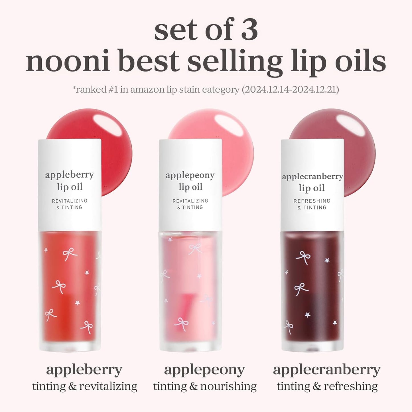 NOONI Korean Lip Oil Gift Set - Apple Seed Lip Oil Trio | Korean Lip Stain Long Lasting Hydration, Moisturizing, Glowing Korean Lip, Plumping, Holiday Christmas Travel Size Mini Set 0.12 Fl. Oz. x 3ea