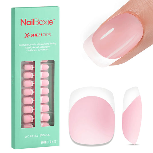 modelones French Tip Press on Nails, 150Pcs Extra Short Square Fake Nails with Nail Box, Pink Gel Nail Tips for Women, Soft Glue-On Nails for Natural Salon Look, DIY Nail Art Kit (15 Sizes) | alldaygood beauty