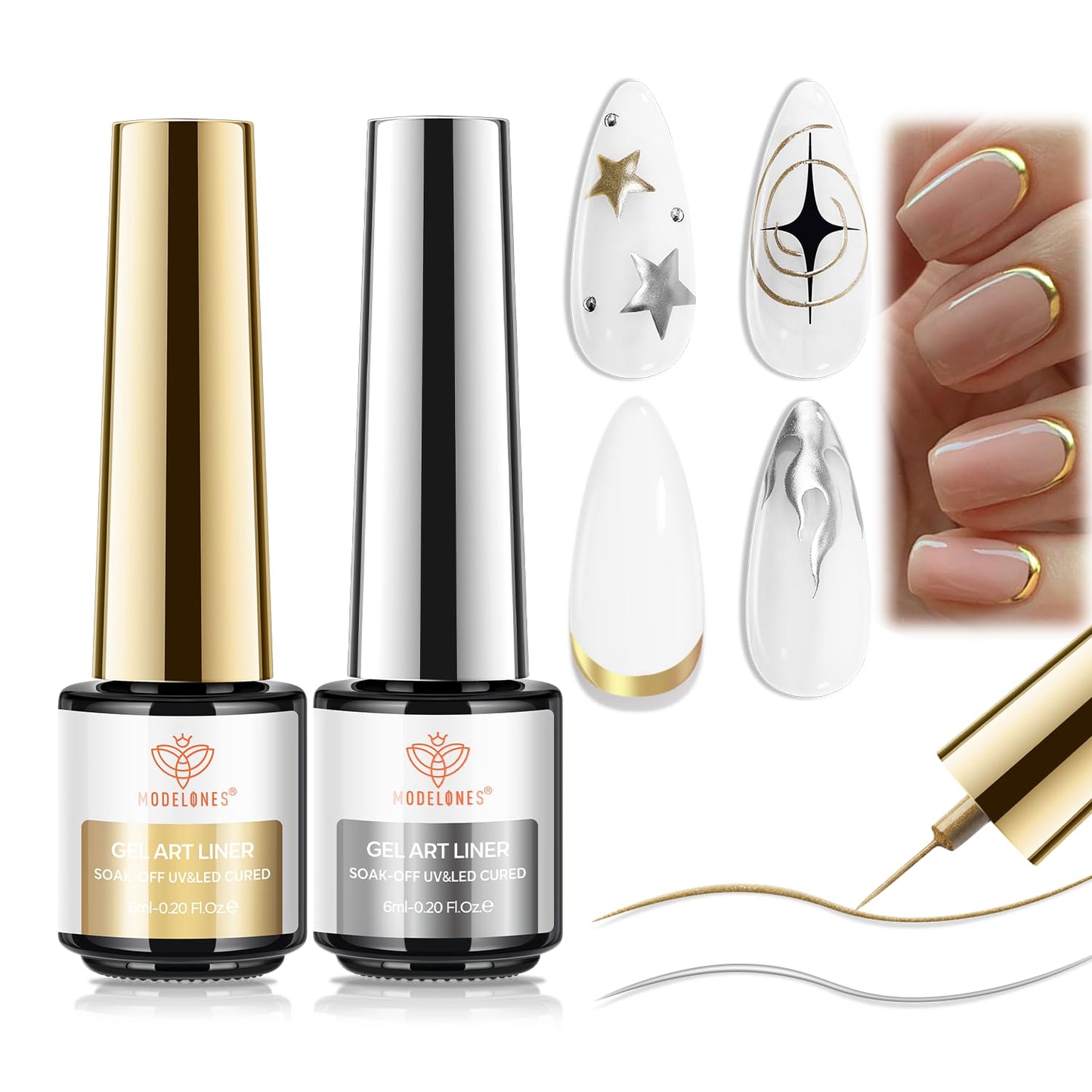 modelones Metallic Gold Silver Gel Liner Nail Polish 2 Pcs Chrome Mirror 3D Effect Nail Art Polish Bronze Thin Brush For Swirl Soak Off French Tip DIY Salon Nail Glue Manicure Gift For Women Girls