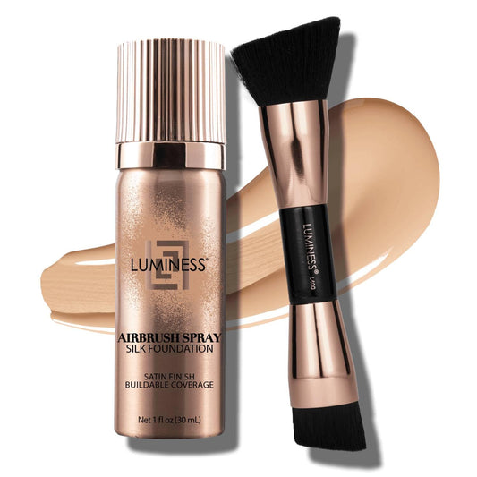 LUMINESS Silk Airbrush Spray Foundation 2-PC Kit - Foundation & Dual-Sided Angled Makeup Brush - Buildable Coverage, Anti-Aging Formula, Humidity Resistant, Hydrates & Moisturizes, Fair | alldaygood beauty