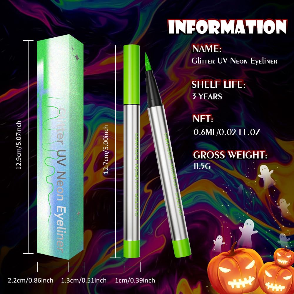 evpct Green Shimmer Eyeliner UV Neon Gel Eyeliner Pencil Makeup, Rainbow Halloween Colored Colorful Gel Eye Liner Pen Glow in Dark Makeup, Long Lasting Waterproof Eyeliners for Face Body Painting