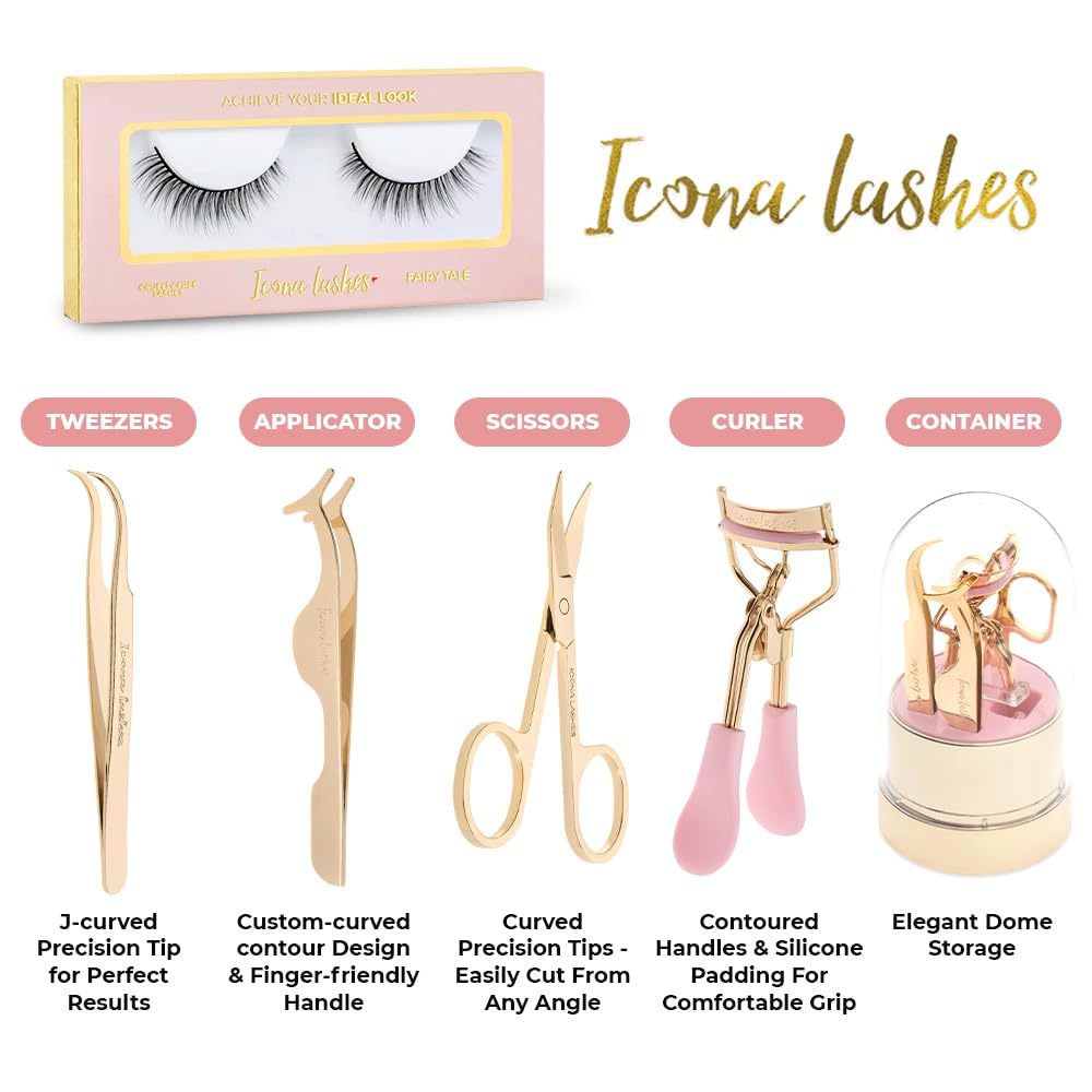 4-in-1 False Eyelash Tool Kit - DIY Lash Extension Kit with Tweezer, Curler, Scissors, Applicator - 24K Gold Plated Stainless Steel Accessories in Clear Dome Organizer, Beautiful Gift Box