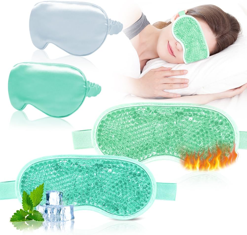 Cooling Eye Mask and Silky Sleep Mask 4 Packs for Man Women for Sleeping Frozen Ice Eye Mask Cold Warm Compress Puffiness Dry Eyes Dark Circles Gifting
