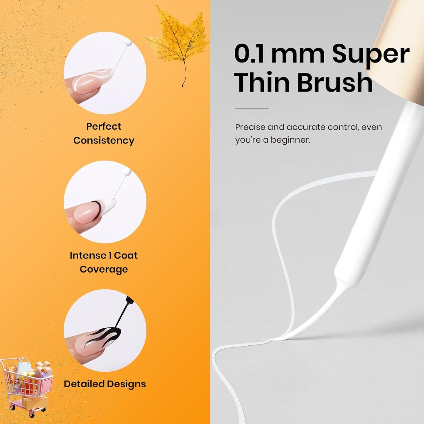 beetles Gel Polish Nail Art Liner Gel Polish Set- 2 Popular Black White Colors Nail Polish Gel Paint for Swirl Nails Built Thin Nails Art Brush in Gel Pens UV Soak off Gifts for Women