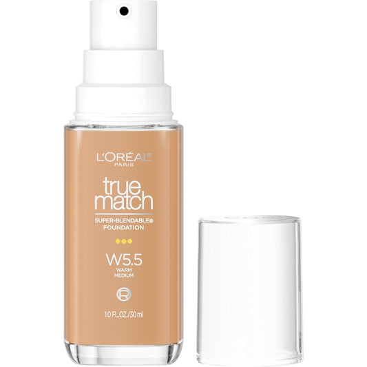 L'Oreal Paris True Match Super-Blendable Foundation, Medium Coverage Liquid Foundation Makeup, W5.5, Medium, 1 Fl Oz | alldaygood beauty