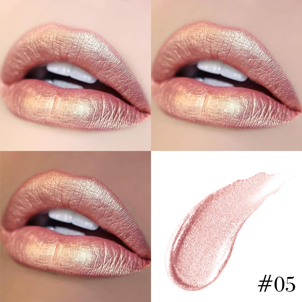 evpct Champagne Gold Metallic Glitter Lip Liner and Lipstick Combo Lip Gloss Stain Set Makeup for Women Long Lasting Waterproof 24, Blonde Frosted Metallic Shimmer Glossy iridescent Liquid Lipstick 05