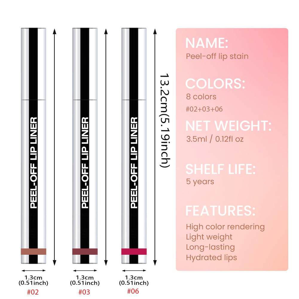 3 Pcs Matte Liquid Lip Stain Peel Off Lip Liner, Long Lasting Lip Tattoo, Waterproof & Transfer-Proof Lip Liner Peel Off Lip Gloss for All Skin Types. #02+#03#06