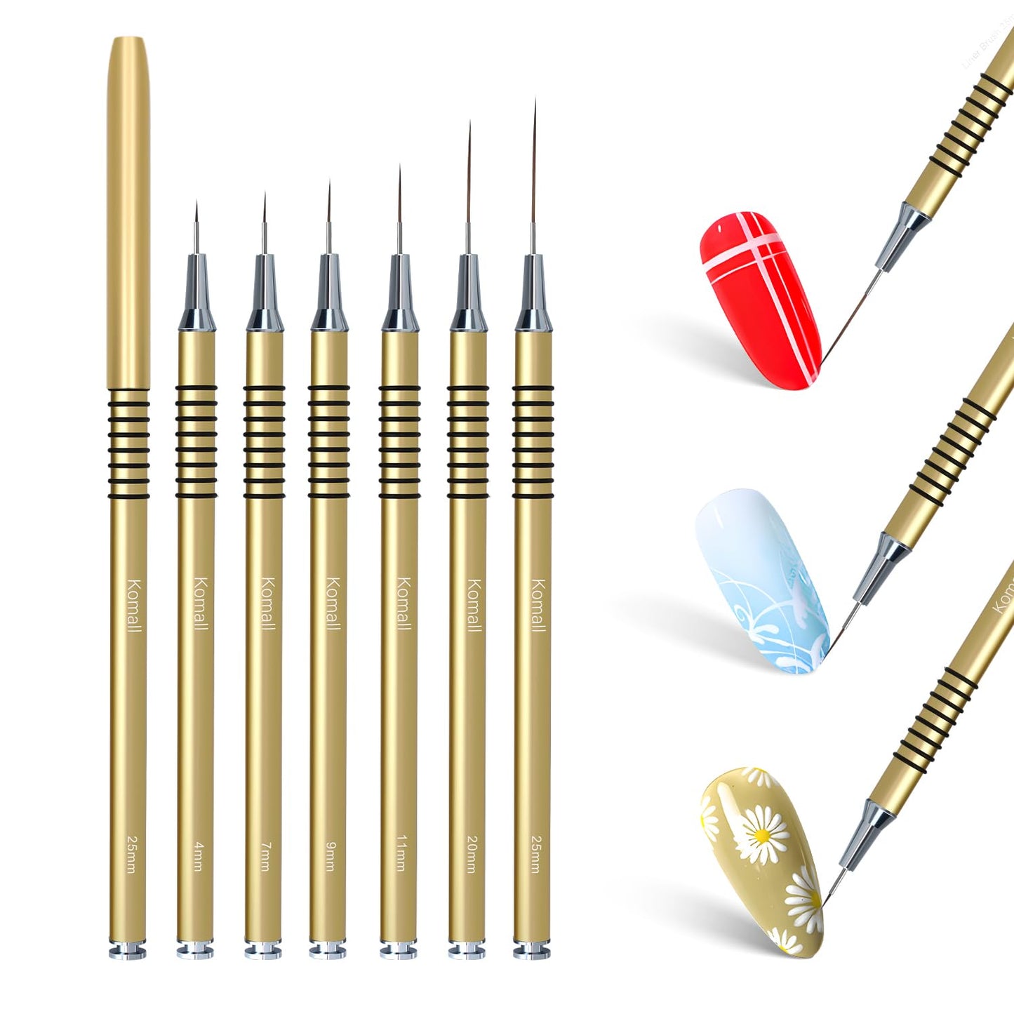 Metallic Nail Art Brushes, 6Pcs Non Slip Liner Brush Set, UV Gel Polish Painting Art Design Pen for Long Lines, Thin Details, Fine Drawing Sizes 5/7/9/11/20/25mm(Gold)