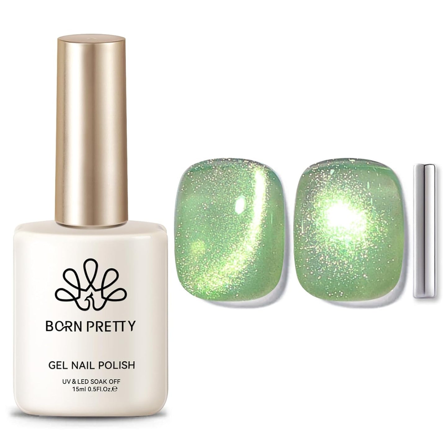 BORN PRETTY Green Cat Magnetic Eye Gel Nail Polish Shimmer Glitter Holographic Aurora Green Magnetic Gel Polish Nail Art Manicure DIY at Home 15ML