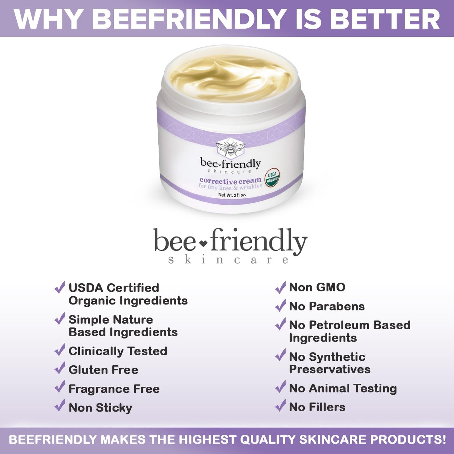 BeeFriendly Face Moisturizer Organic Corrective Cream, USDA Certified Rich Anti Aging Facial Night Cream For Sensitive Skin Aids With Fine Lines, Wrinkles, Crows Feet, Eyes, Face, Neck 2 oz