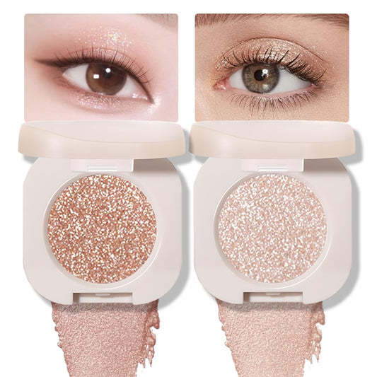 2Pcs Glitter Shimmer Sparkle Eyeshadow Palette Makeup, Light Brown Pearl White Glitter Shimmer Metallic Holographic Multichrome Cream Iridescent Single Monochrome Eye Shadow Makeup | alldaygood beauty