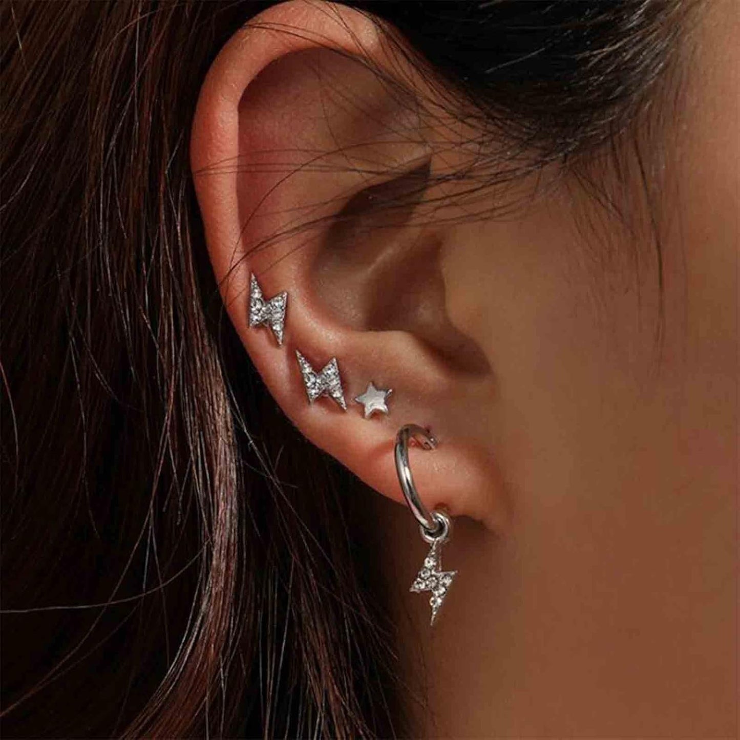 Punk Rhinestone Thunder Earrings Cz Lighting Bolt Dangle Earrings Boho Star Earrings Silver Multiple Piercing Earrings Jewelry for Women and Girls