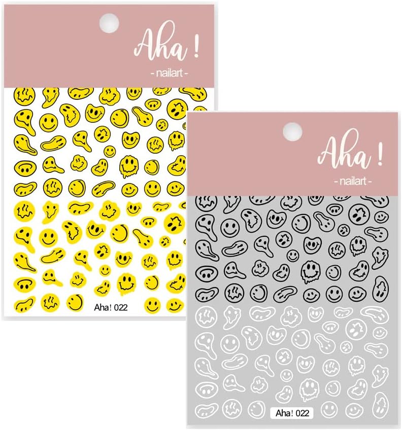 Smiling Face Nail Art Stickers 3D Nail Decals Cute Self-Adhesive Nail Stickers Yellow Black and White Twisted Smiling Face Nail Supplies for Women Girls Kids Nail Decorations