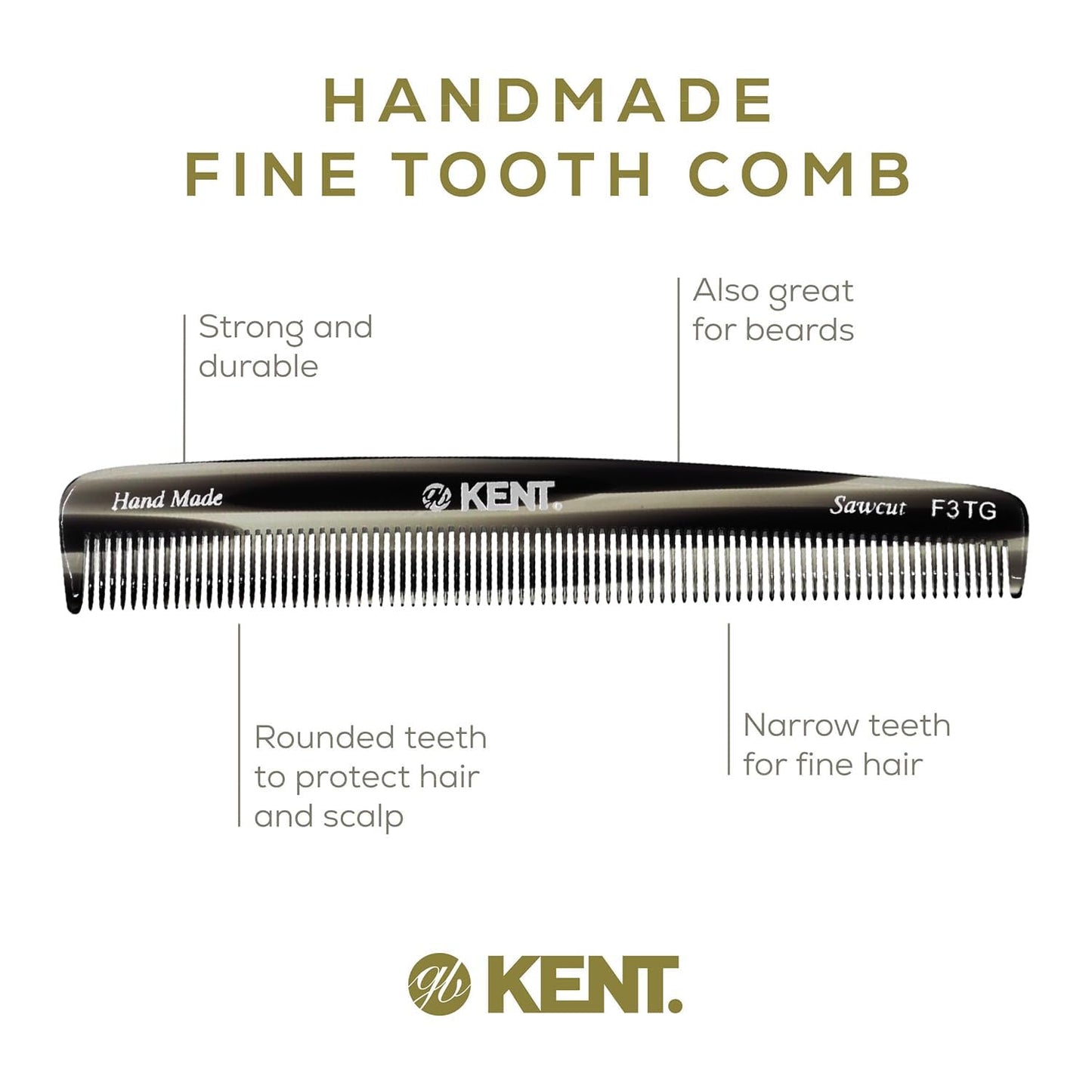 Kent F3T Black Graphite Fine Tooth Comb - Hair Parting and Straightening Comb for Men's & Women's Dandruff Remover, Saw Cut and Hand Polished Made in England