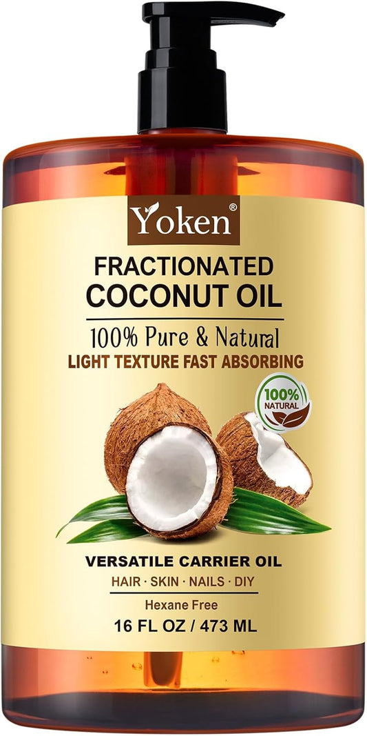 Yoken Fractionated Coconut Oil for Skin 16 Oz, 100% Pure & Natural Liquid Coconut Oil, Moisturizer for Hair, Face, Body, Carrier Oil for Essential Oils Mixing, Massage, Hexane Free, Unscented | alldaygood beauty