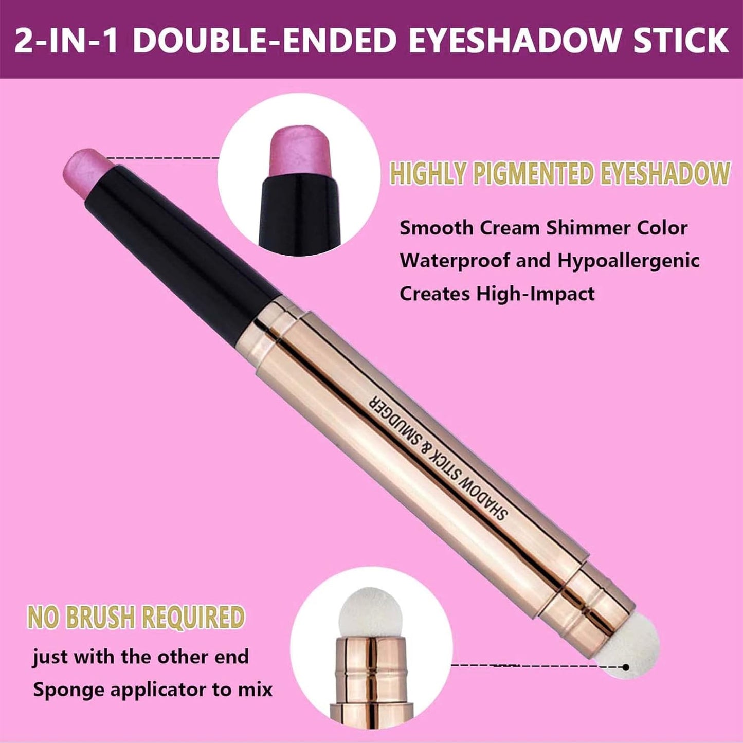 Pink Eyeshadow Stick Makeup, Highlighter Matte Cream Eye Shadow Pencil, Waterproof Hypoallergenic Long Lasting Crayon, Glitter Primer Palette Shimmer Eyeliner Pen wiht Soft Brush
