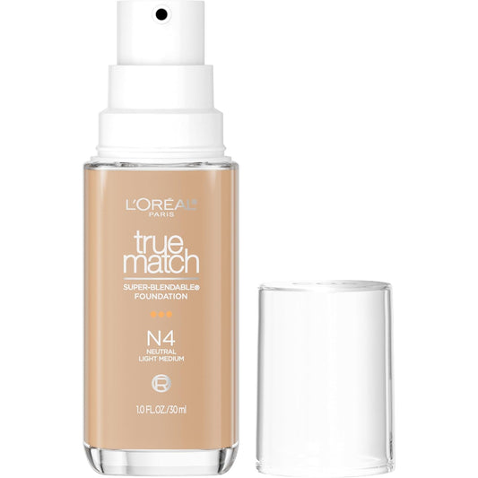 L'Oreal Paris True Match Super-Blendable Foundation, Medium Coverage Liquid Foundation Makeup, N4, Light Medium, 1 Fl Oz | alldaygood beauty