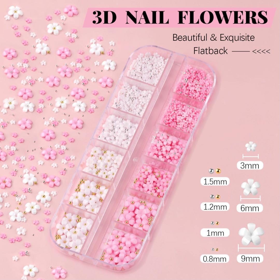 3D Nail Flowers Charms,White Pink Acrylic Flower with Caviar Beads,Rhinestones for Nails 3D Nail Charms for Acrylic Nails for Manicure Salon DIY Nail Art Decor with Pickup & Dotting Tools