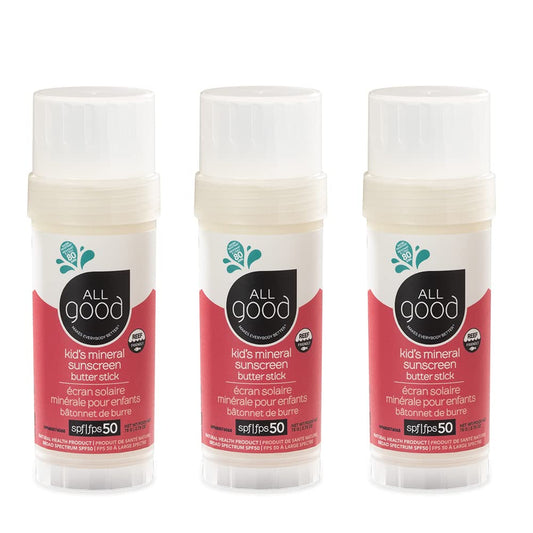 All Good Baby & Kids Mineral Sunscreen Butter Stick for Face, Nose, Ears - UVA/UVB Broad Spectrum SPF 50, Coral Reef Friendly, Water Resistant, Zinc Oxide, Coconut Oil, Vitamin E (2.75 oz)(3-Pack)