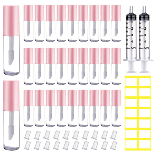 AMORIX 50PCS Mini Lip Gloss Tubes with Wand 1.2ml Empty Lip Gloss Containers Refillable Travel Lip Balm Tubes for Samples with 5ml Syringes DIY Lip Gloss Base + Labels (Pink)