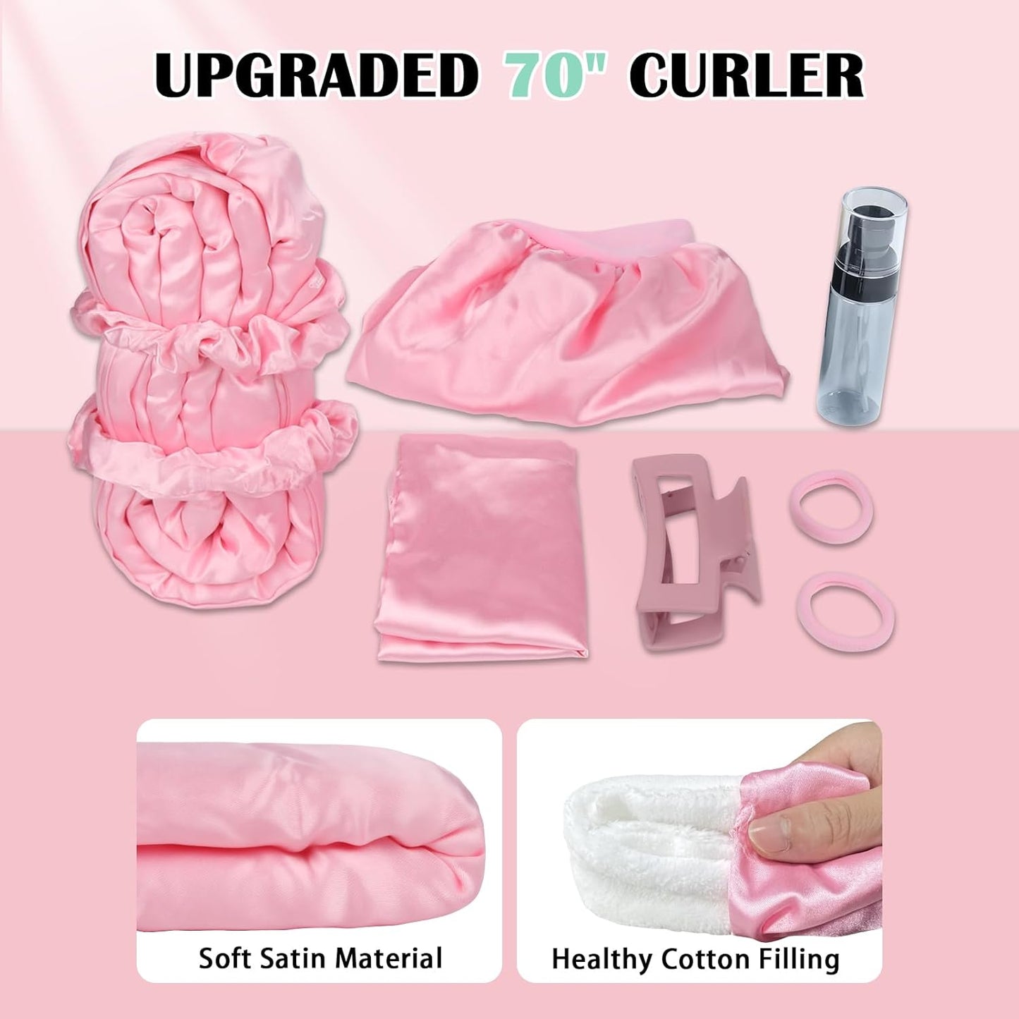 Satin Heatless Curls Overnight Hair Curlers to Sleep In Hair Curler Rollers No Heat Hair Wrap for Curls Headband, 70" Satin Heatless Curling Rod Set for Women Long Waves Hair Volume -Pink 9PCS