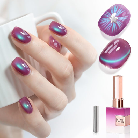 Double Rhythm 0.5 OZ Cat Eye Gel Polish with Magnet 15ML Holographic Glitter Shimmer Translucent Jelly Color Magnetic Nail Polish Salon DIY at Home (Purple Green-MC1258) | alldaygood beauty
