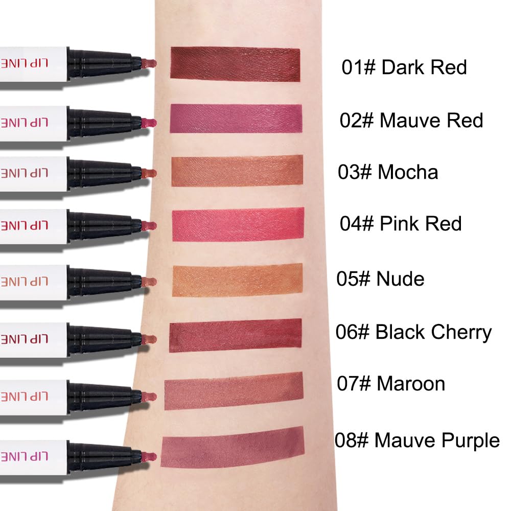 2Pcs Longwear Liquid Lip Liner Stain Marker Pen Set Long Lasting Waterproof, Pink Red Maroon Dusty Mauve Matte 24 Hour Lip Liner and Lipstick Combo, Color Stay Lipliner All Day, Lips Stain peel off