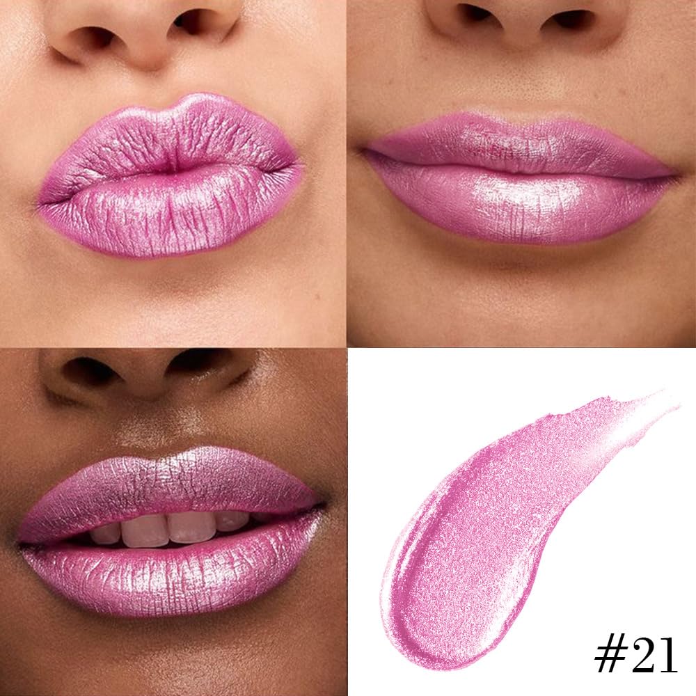 evpct Pink Metallic Glitter Lip Liner and Lipstick Combo Lip Gloss Stain Set Makeup for Women Long Lasting Waterproof 24, Rose Pink Metallic Shimmer Frosted Iridescent Glossy Liquid Lipstick 21