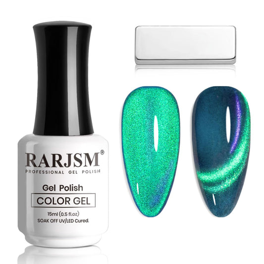 RARJSM Aurora Cat Eye Gel Nail Polish Blue Green Purple Multi Color Velvet Diamond Cateye Gel Polish with Magnet Stick Reflective Shimmer UV LED Curing Requires Soak Off for Home Salon Manicure 15ml | alldaygood beauty