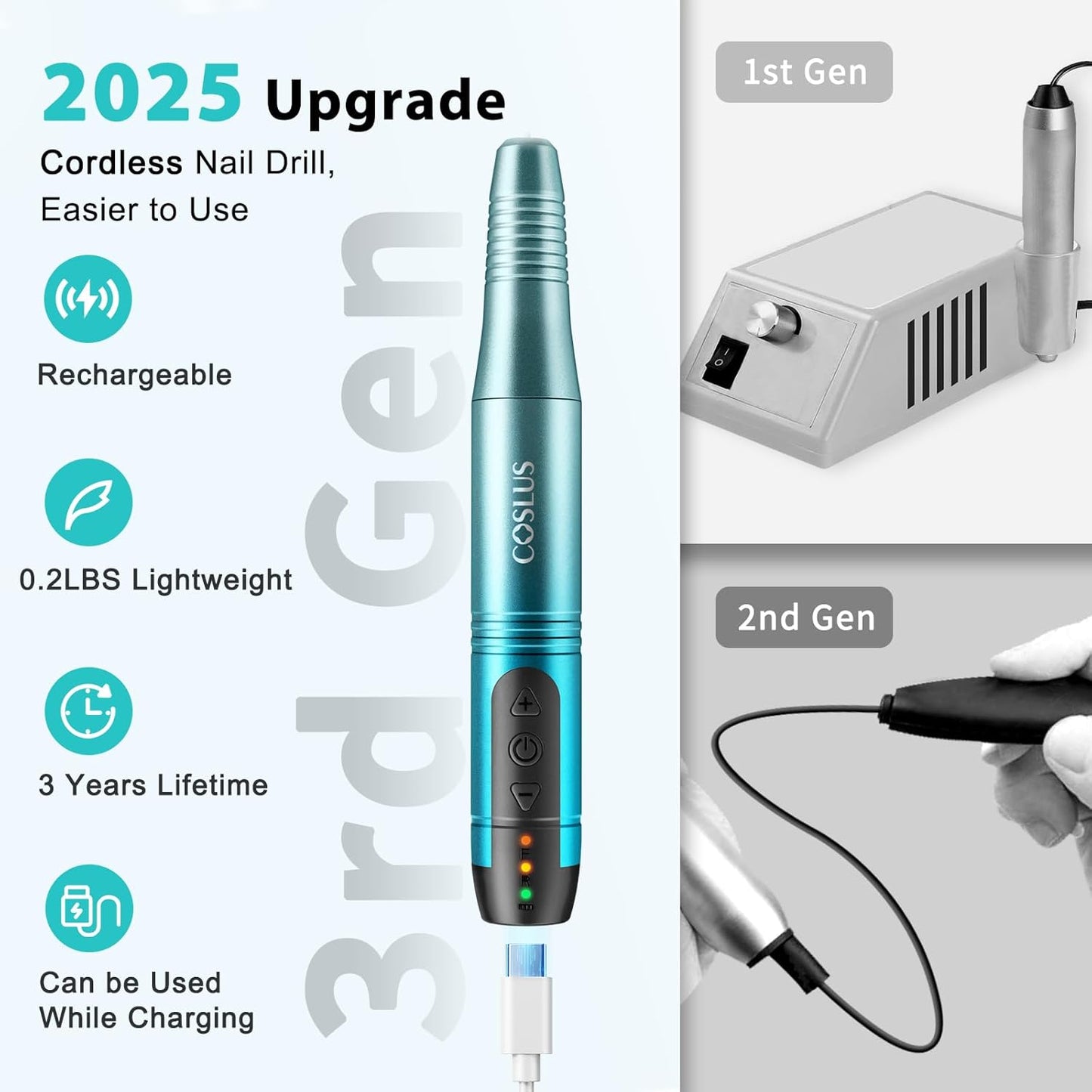 COSLUS Cordless Nail Drill Electric File: Professional for Acrylic Gel Dip Powder Nails Portable Nail Drill Machine Kit for Manicure Pedicure Nail Set with Everything Rechargeable Lightweight Blue