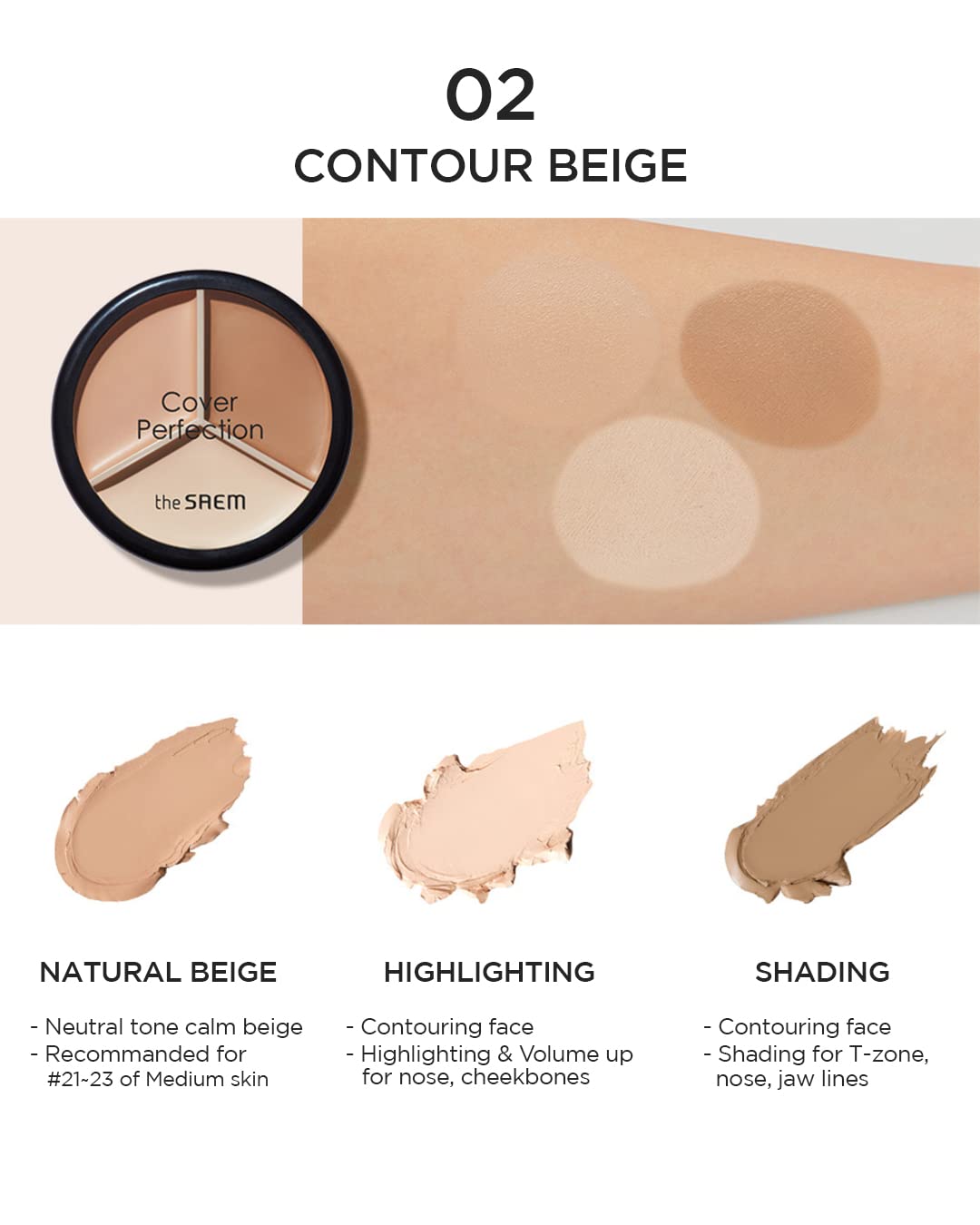 THESAEM Cover Perfection Triple Pot Concealer 01 Correct Beige + 02 Contour Beige - 3 Color Concealer for Medium & Natural Tone - Full Coverage Concealer to Correct & Conceal Redness, Dark Circles