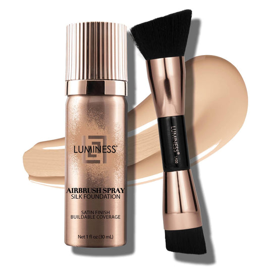 LUMINESS Silk Airbrush Spray Foundation 2-PC Kit - Foundation & Dual-Sided Angled Makeup Brush - Buildable Coverage, Anti-Aging Formula, Humidity Resistant, Hydrates & Moisturizes, Light Fair | alldaygood beauty