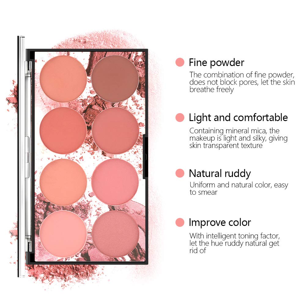 8 Color Blush Palette, Matte and Shimmer Powder, Highlight Face Blusher Buildable, Professional Facial Contour Blush Pallet Pigmented and Long Last For Natural Fair Dark Skin Tone
