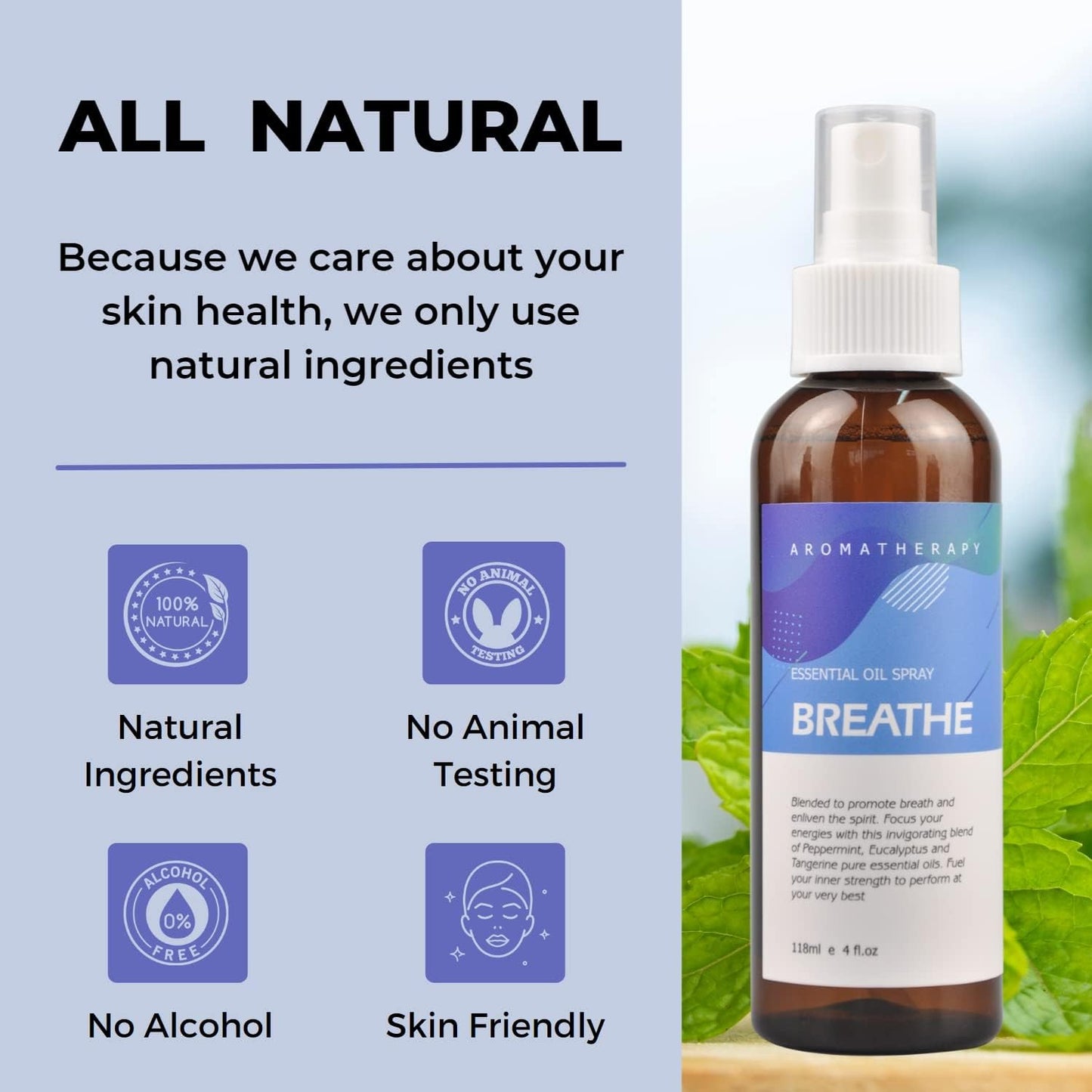 Benatu Peppermint Eucalyptus Essential Oil Blend Spray for Body and Hair, Multi-Use Natural Breathe Scent Aromatherapy Room Mist for Linen, Bedding, Fabric, Pillow, Car 4 fl oz