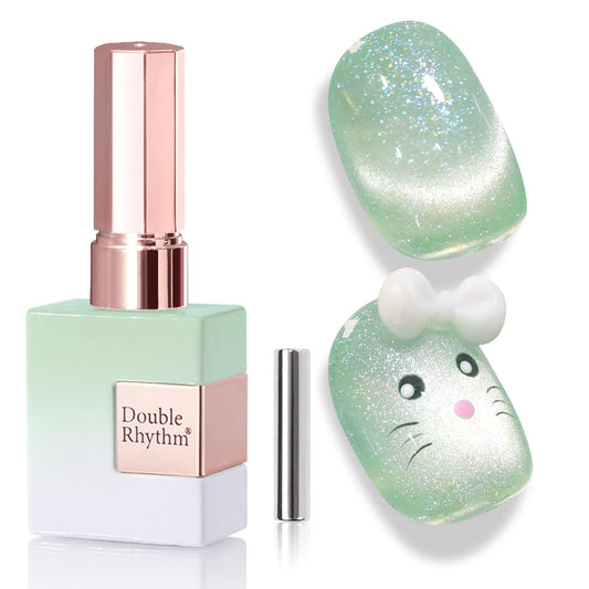 Double Rhythm 0.5 Oz Cat Eye Gel Polish with Magnet Same Color Same Bottle Holographic Glitter Shimmer Translucent Color Salon 15 ML Magnetic Nail Art (Spring Green-MC1163) | alldaygood beauty