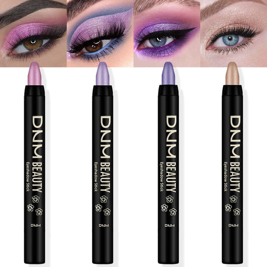 Kaely 4Pcs Metallic Shimmer Eye Shadow Sticks Set, Pink Light Purple Vioiet Mocha Beige, Eyeliner Pencil Eyeshadow Palette Halloween Makeup, Eye Highlighter Brightener Stick for Women