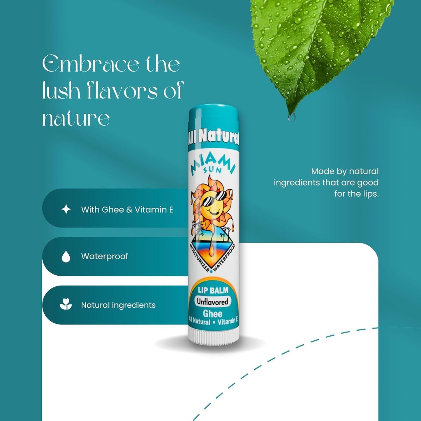 Miami Sun Natural Ghee Lip Balm, Hydrating Lip Treatment with Shea Butter & Beeswax, Organic & Non-Toxic, Best for Dry, Chapped Lips - Moisturizing, Healing, Chemical-Free Lip Repair (2 Pcs, Natural)