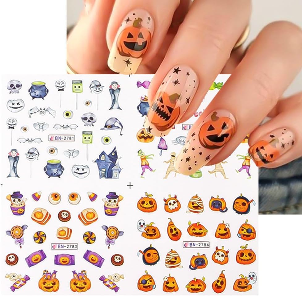 Halloween Nail Art Stickers - Spooky Ghost Pumpkin Water Transfer Foils Decals - Cartoon Witch Bat Spider Skeleton Designer Accessories for Nail Art - 12 Sheets