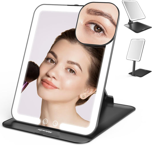 Mocado Travel Makeup Mirror with Light, Tripple Folding Vanity Mirror with Lights, 3 Colors Lighted Makeup Mirror, 1500mAh Rechargeable, Memory Function, Freely Adjust Height and Angle(Black)
