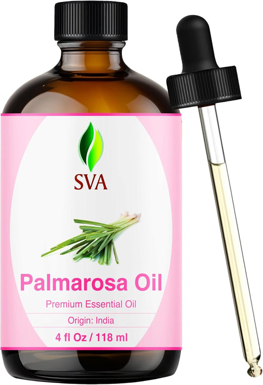 SVA Palmarosa Essential Oil – 4 Fl Oz – 100% Natural Palmarosa Oil - for Diffuser, Hair Care, Face, Skin Care, Aromatherapy, Scalp and Body Massage, Soap and Candle Making – with Dropper