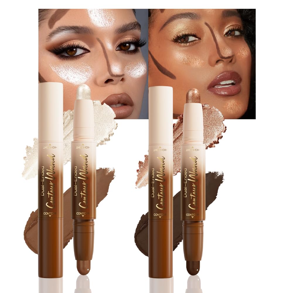 2Pcs 2in1 Cream Contour Highlighter Stick, Dual-Ended Highlighter Makeup Contour Stick, Contour Stick Dual Ended For Face Body Makeup, Long Lasting Waterproof for All Skin Tones (05+06)