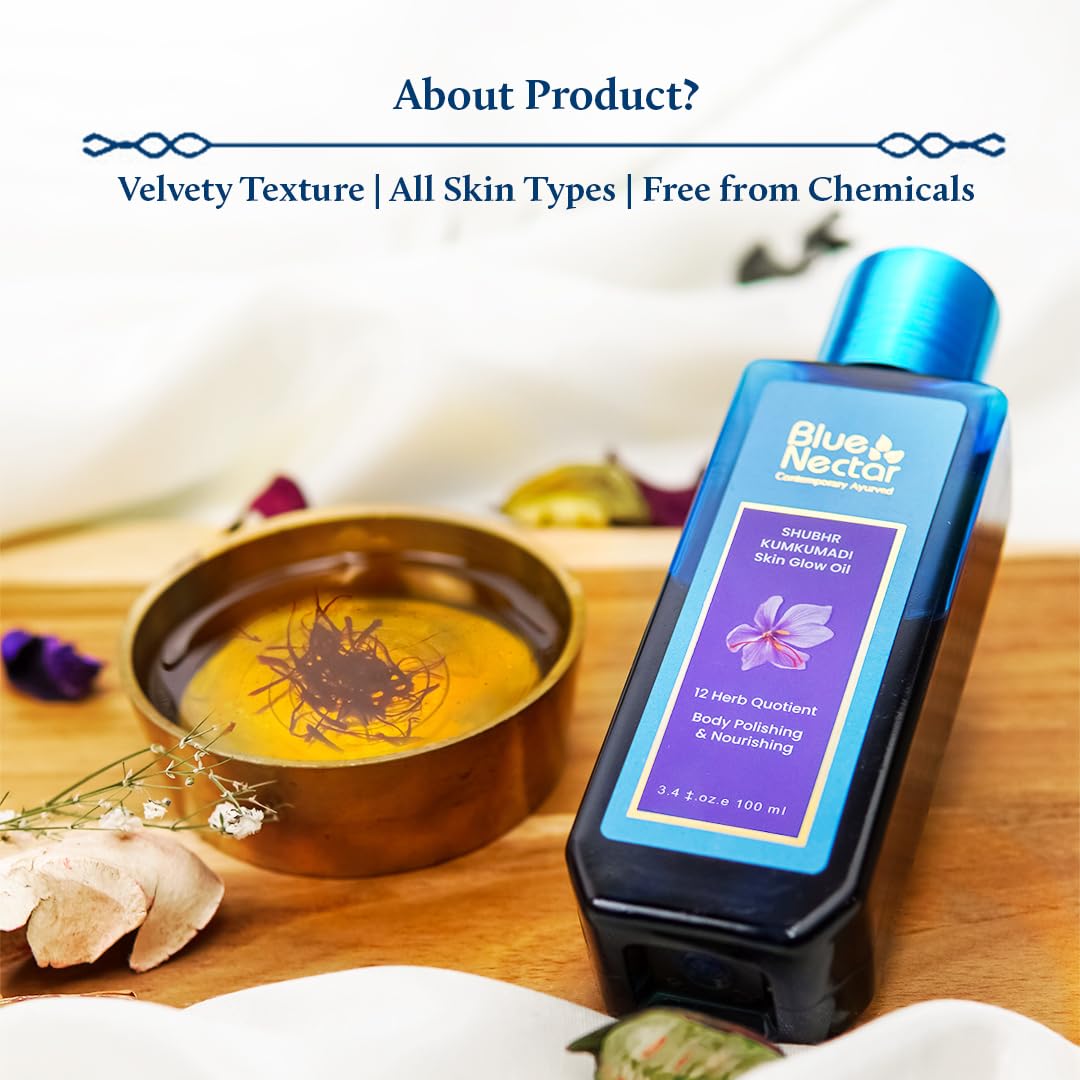 Blue Nectar Kumkumadi Body Oil for Glowing Skin | Moisturizing Body Oil for Dry Skin with Relaxing Aroma | Plant Based Body Oil for Women & Men (12 Herbs, 6.76 fl oz)