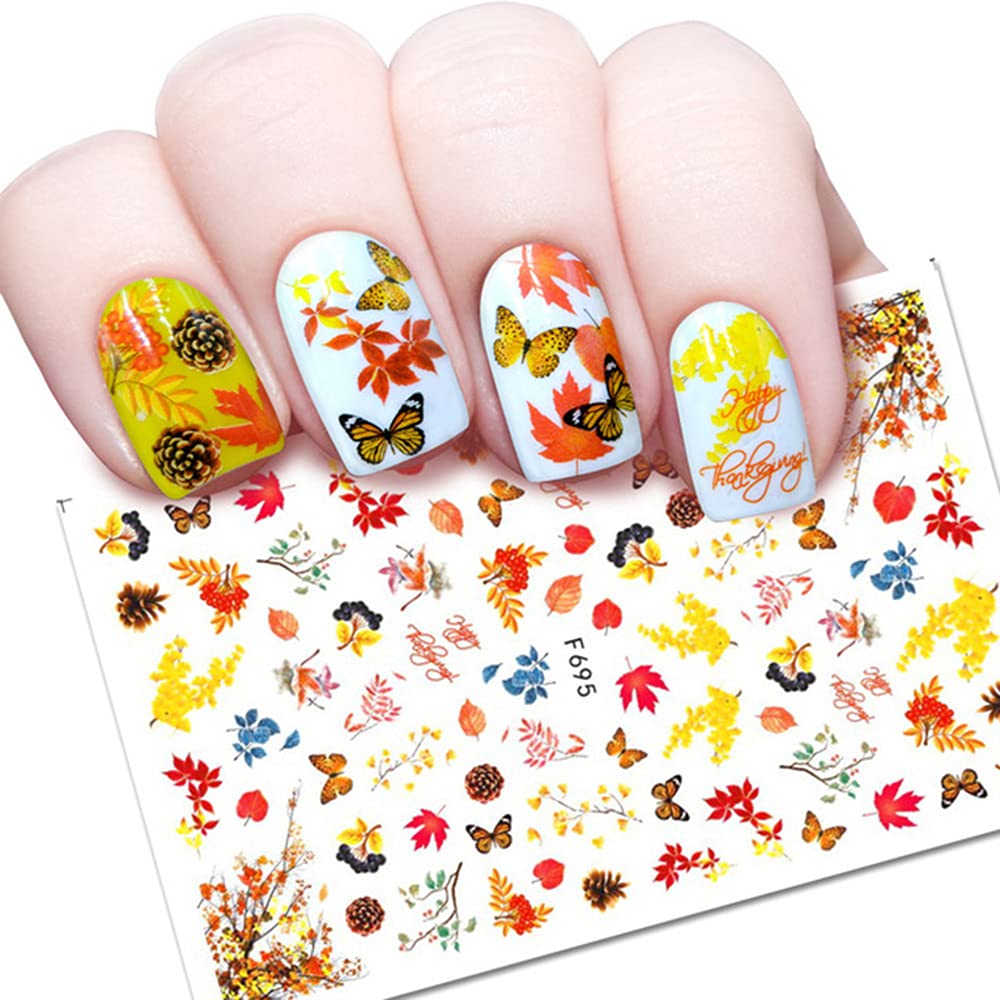 8 Sheets Fall Nail Art Stickers Thanksgiving Nail Decals 3D Maple Leaf Nail Stickers Autumn Butterfly Maple Leaves Nail Designs Decorations for Women Kids Girls Holiday DIY Manicure Charms