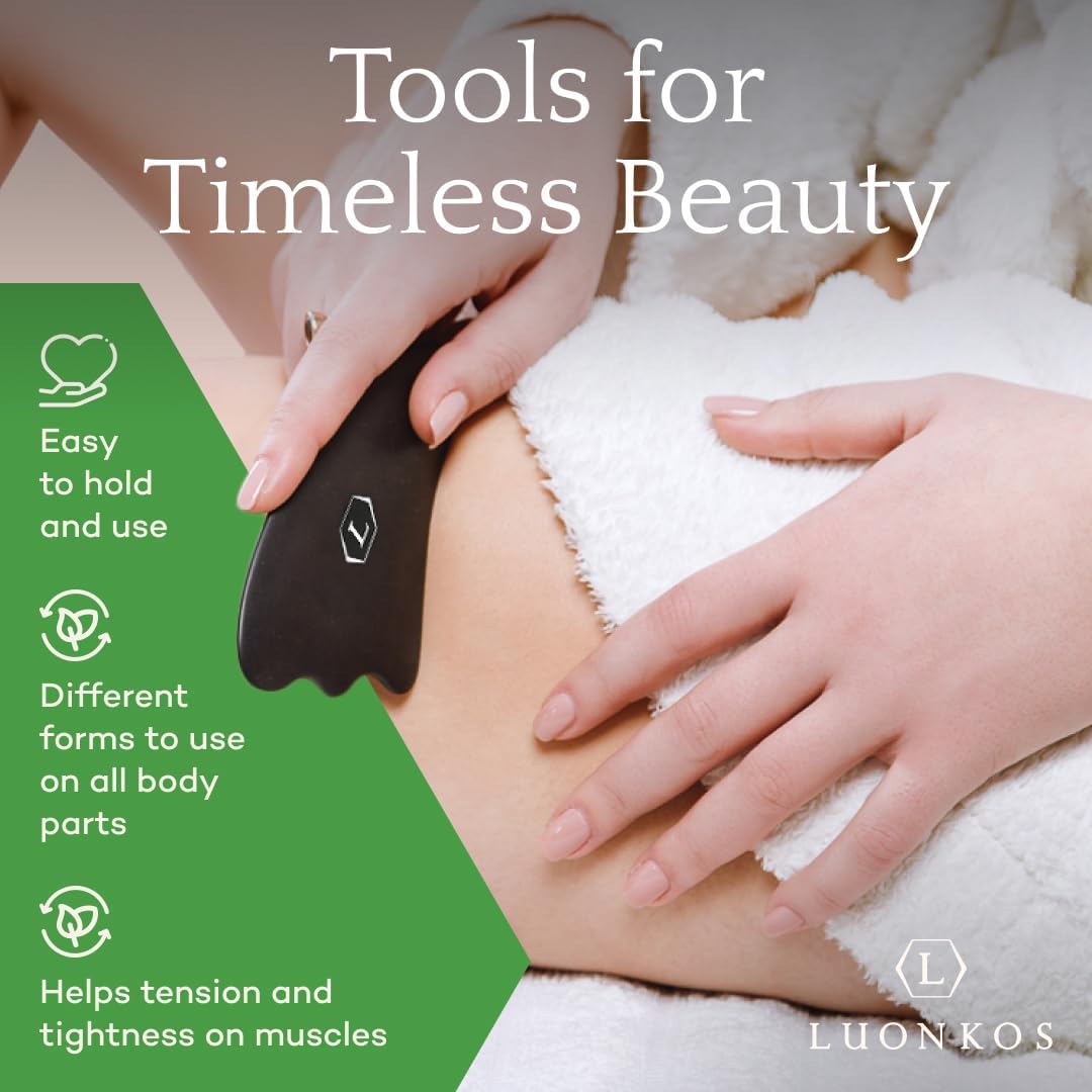 LUONKOS Gua Sha Tools Set - Large Black Bian Stone, 4-Pc - Face & Lymphatic Drainage Massager - Skin Care & Face Sculpting Tool