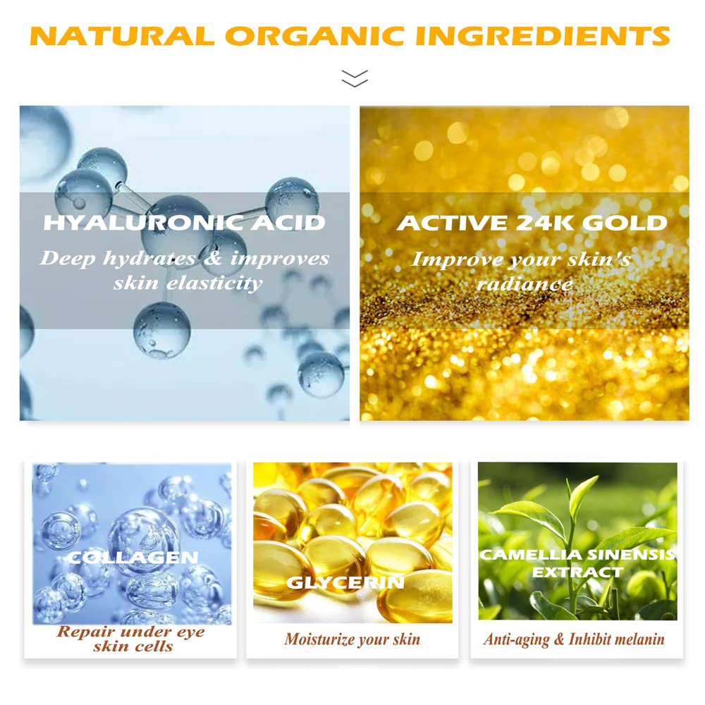 24K Gold Eye Mask, 30 Pairs Under Eye Masks for Dark Circles and Puffiness Treatment, Under Eye Patches for Puffy Eyes and Eye Bags, Gel Eye Mask Eye Pads for Face Skin Care